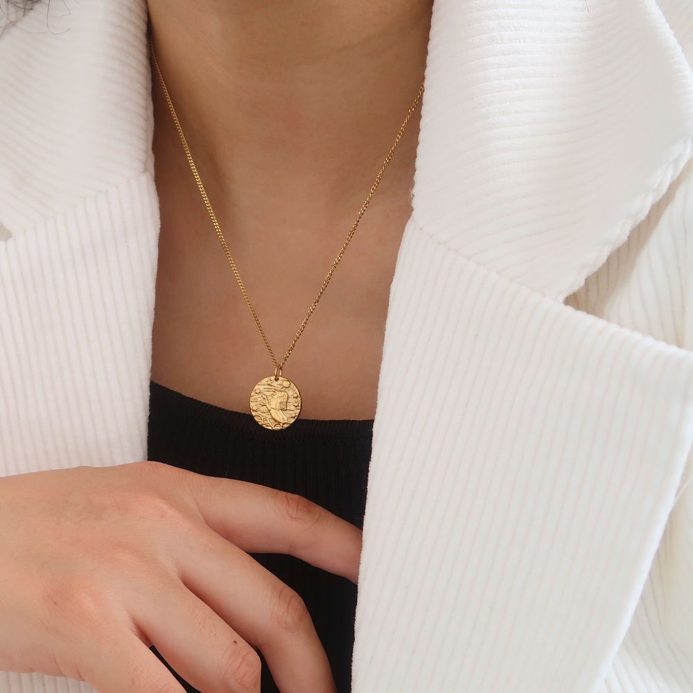 18K Gold Plated Leo Lion Coin Tag Necklace - Picture 2 of 8